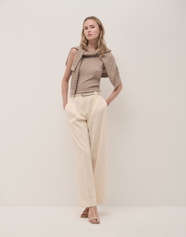 Beige cable-stitched knit woollen top