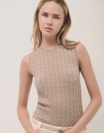 Beige cable-stitched knit woollen top