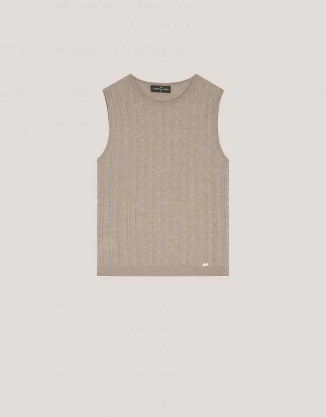 Beige cable-stitched knit woollen top