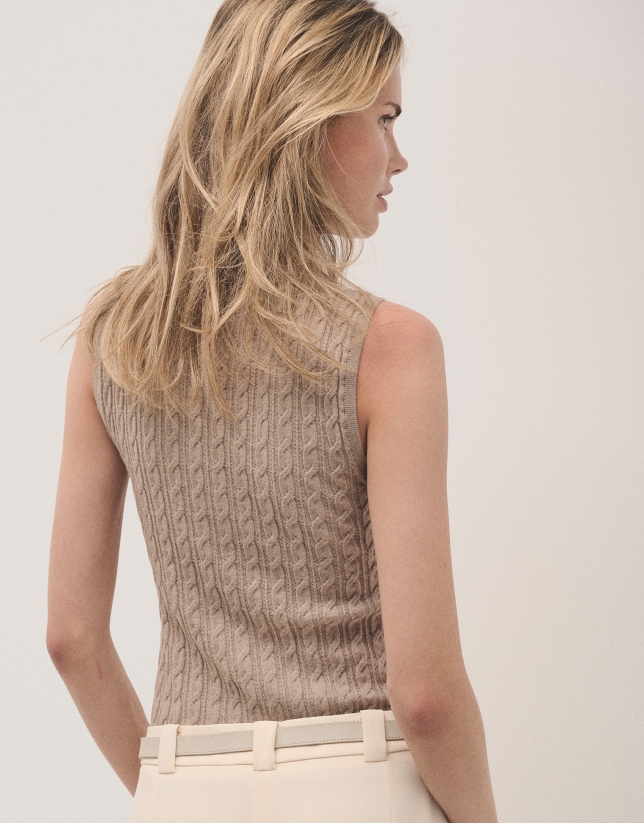 Beige cable-stitched knit woollen top