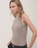 Taupe cable-stitched knit woollen top