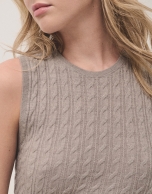 Taupe cable-stitched knit woollen top