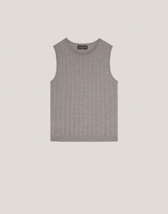 Taupe cable-stitched knit woollen top