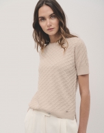 Beige short sleeve cable-stitched knit woollen T-shirt 