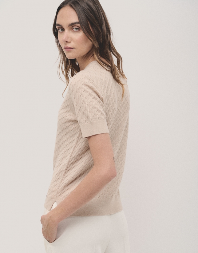 Beige short sleeve cable-stitched knit woollen T-shirt 