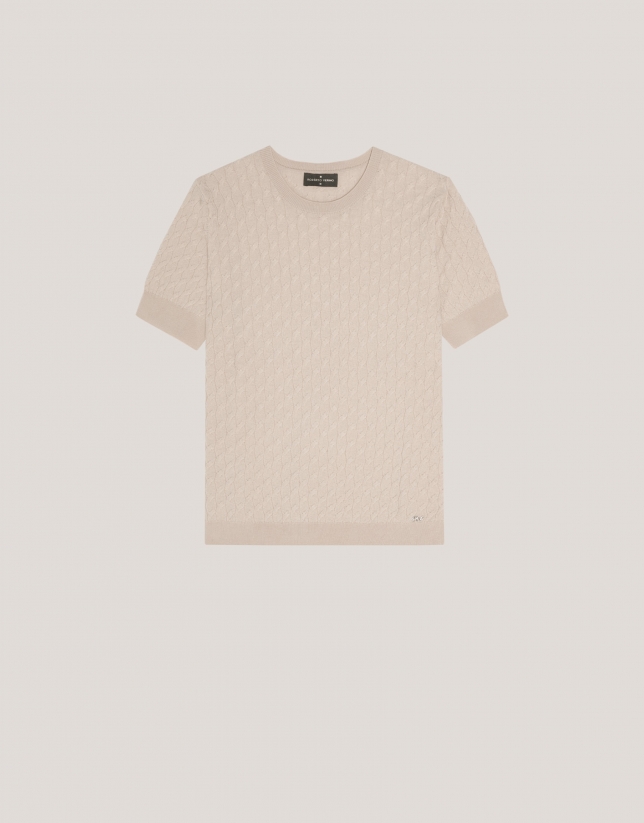 Beige short sleeve cable-stitched knit woollen T-shirt 