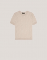 Beige short sleeve cable-stitched knit woollen T-shirt 