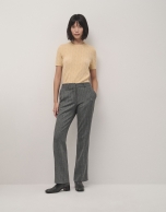 Yellow short sleeves T-shirt in woollen cable-stiched and stripes knit.