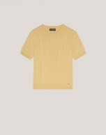 Yellow short sleeves T-shirt in woollen cable-stiched and stripes knit.