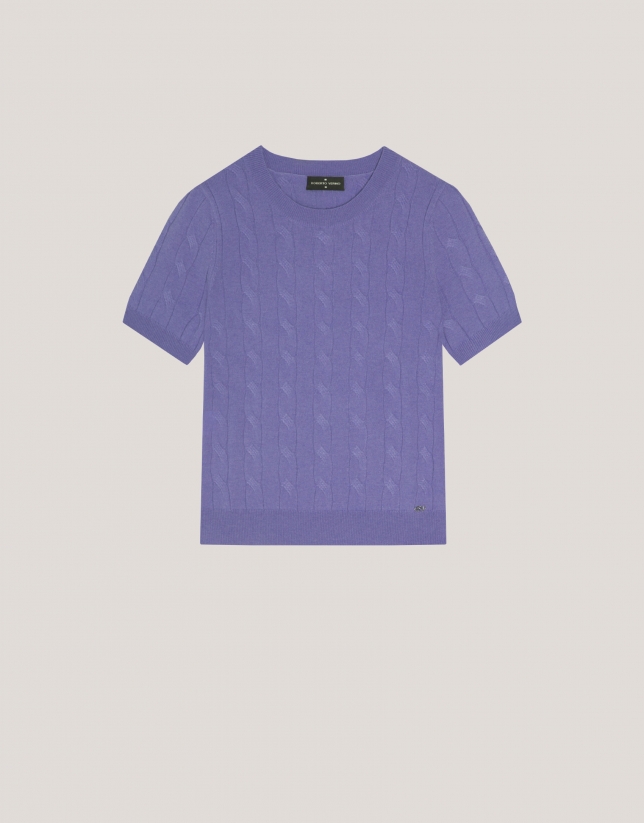 Lilac short sleeves T-shirt in woollen cable-stiched and stripes knit.