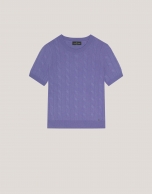 Lilac short sleeves T-shirt in woollen cable-stiched and stripes knit.