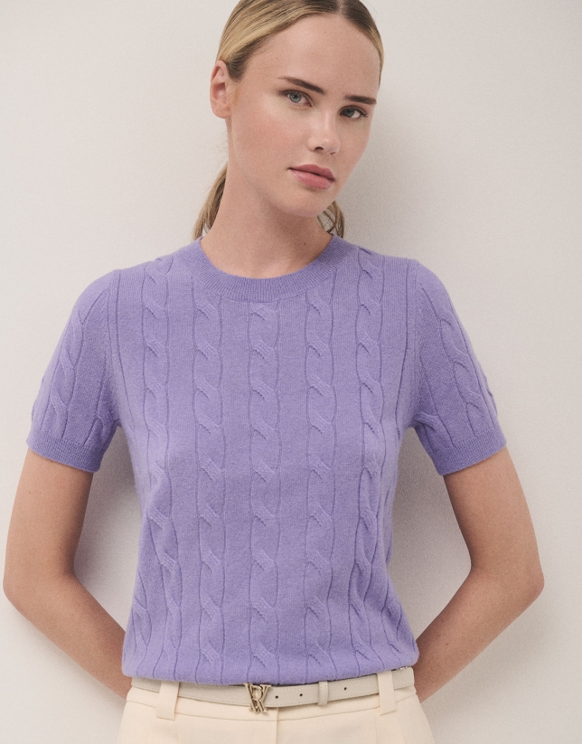 Lilac short sleeves T-shirt in woollen cable-stiched and stripes knit.