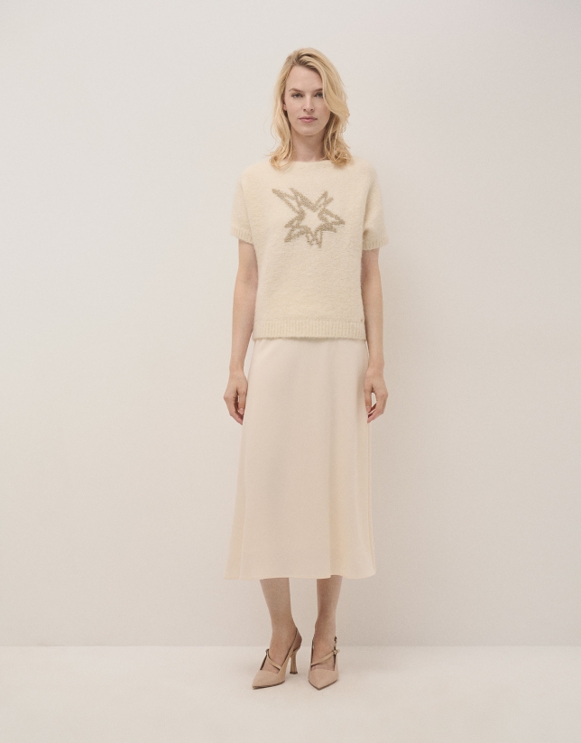 Jersey oversize de manga corta punto beige con estrella