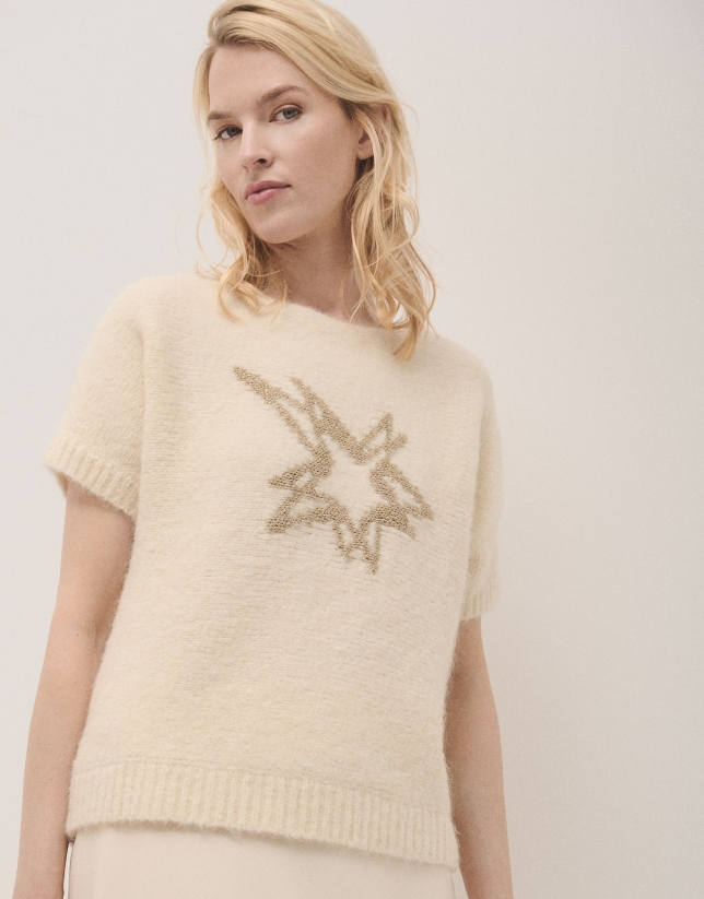 Jersey oversize de manga corta punto beige con estrella