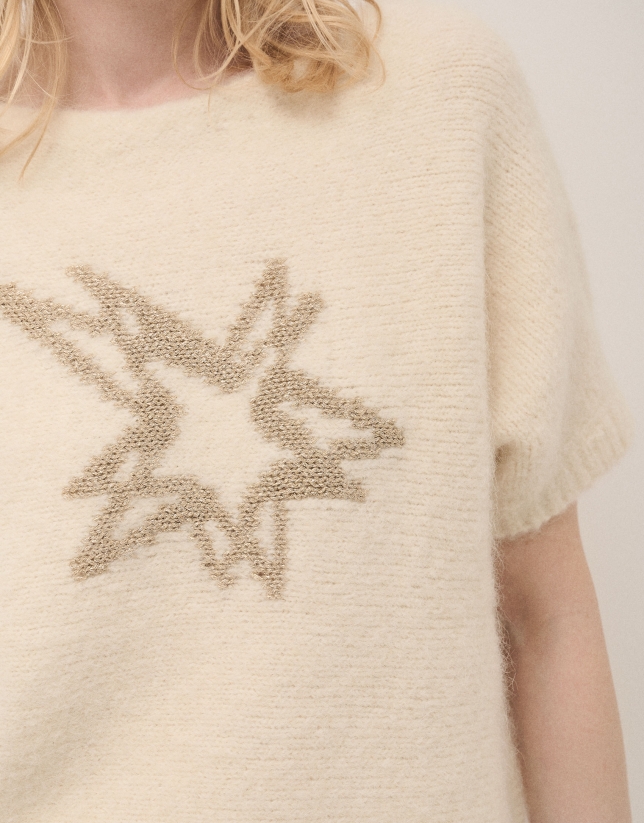 Jersey oversize de manga corta punto beige con estrella