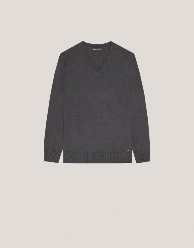 Dark grey V-neckline jumper in wool and silk