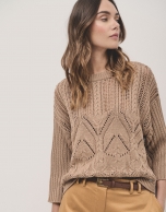 Camel openwork knitted jumper in cotton