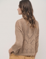 Camel openwork knitted jumper in cotton