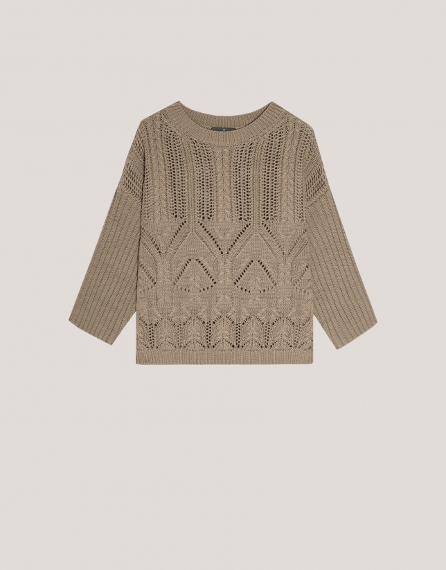 Camel openwork knitted jumper in cotton