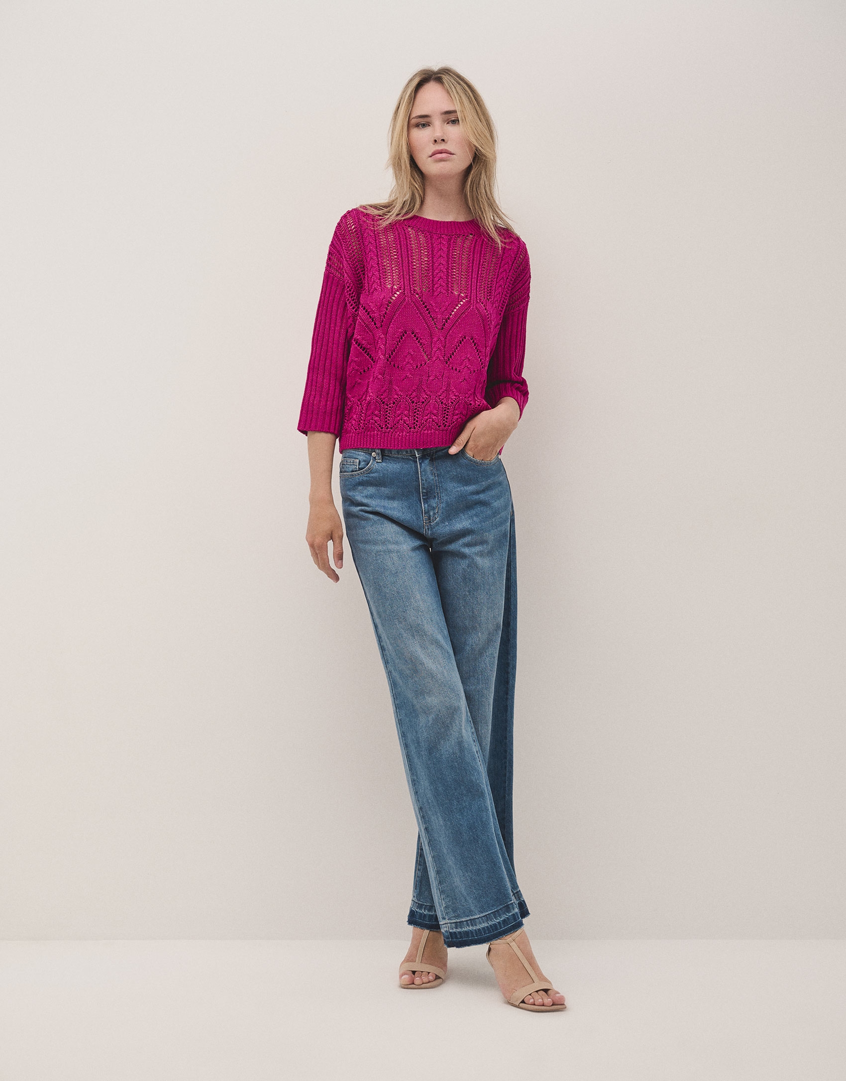 Raspberry openwork knitted jumper in cotton