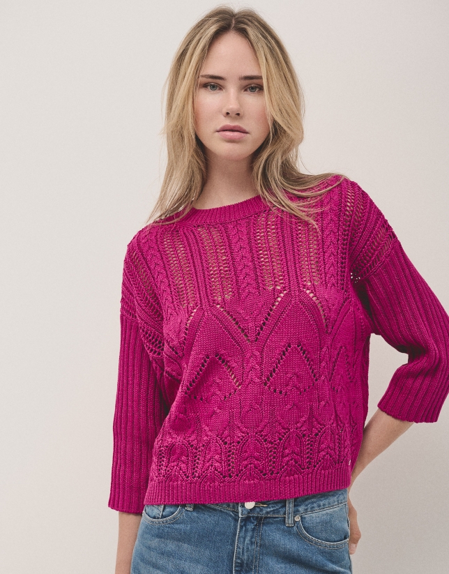 Raspberry openwork knitted jumper in cotton