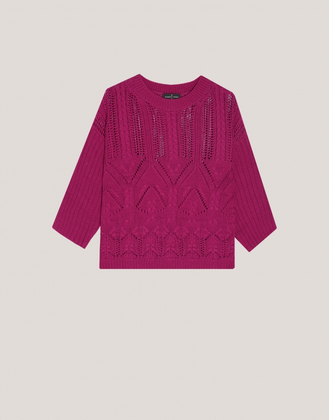 Raspberry openwork knitted jumper in cotton