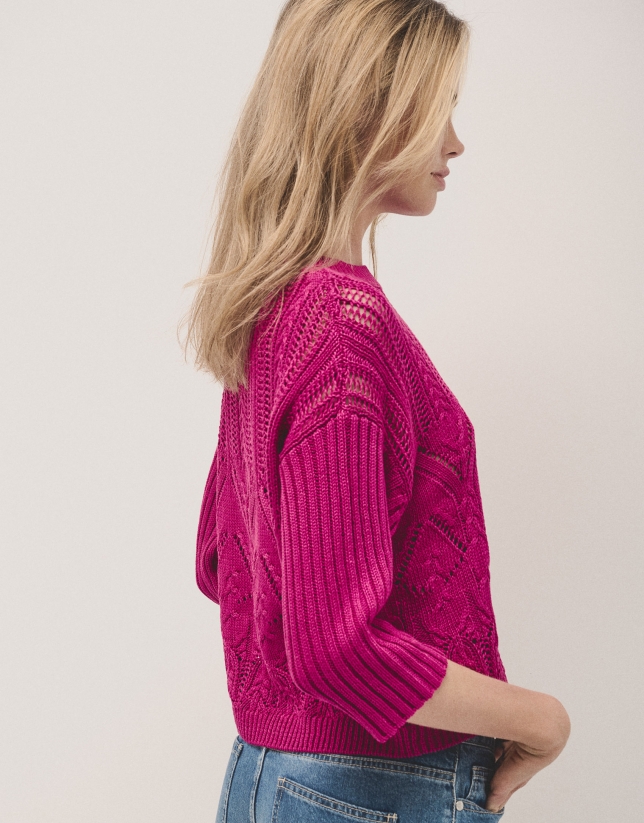 Raspberry openwork knitted jumper in cotton