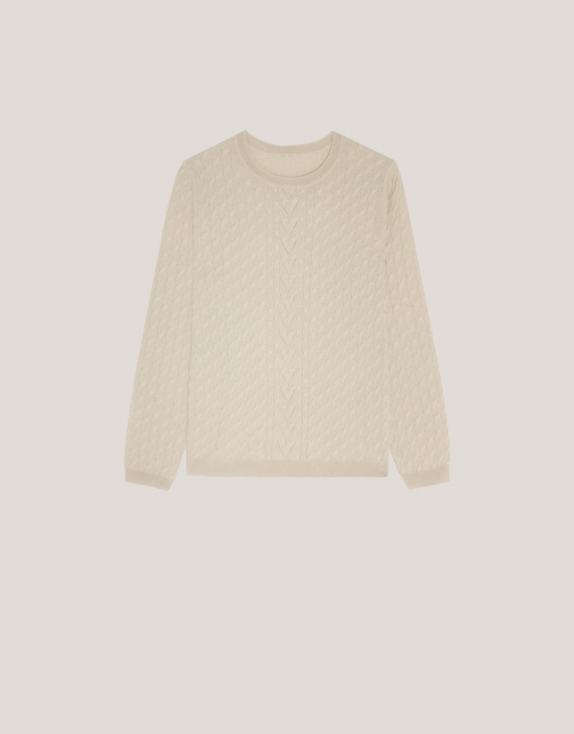 Long sleeves jumper in beige woollen cable-stitch with a front stripe knitted