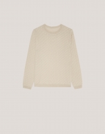 Long sleeves jumper in beige woollen cable-stitch with a front stripe knitted