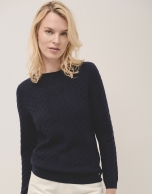 Long sleeves jumper in navy blue woollen cable-stitch with a front stripe knitted