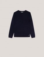 Long sleeves jumper in navy blue woollen cable-stitch with a front stripe knitted