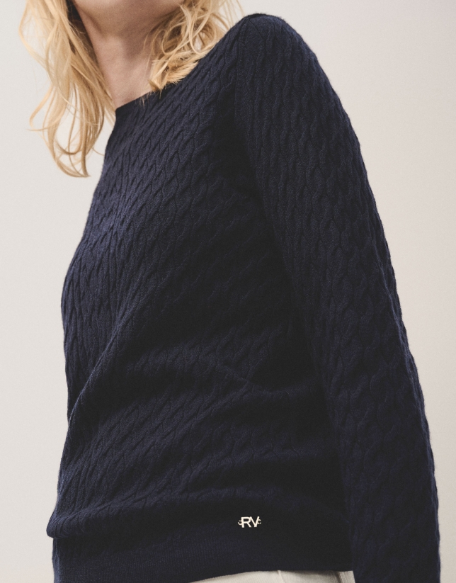 Long sleeves jumper in navy blue woollen cable-stitch with a front stripe knitted