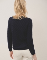 Long sleeves jumper in navy blue woollen cable-stitch with a front stripe knitted