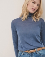 Blue fine wool knitted jumper with turtleneck