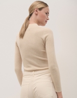 Ecru wool and silk rib knitted jumper with turtleneck