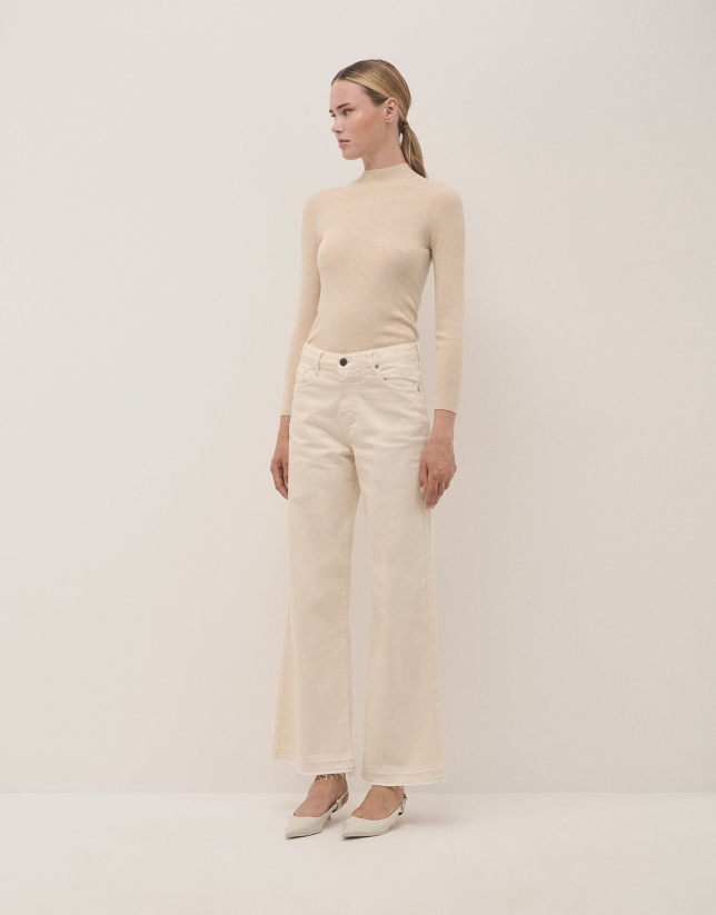 Ecru wool and silk rib knitted jumper with turtleneck