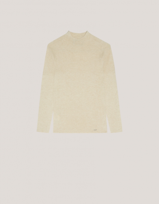 Ecru wool and silk rib knitted jumper with turtleneck