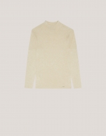 Ecru wool and silk rib knitted jumper with turtleneck