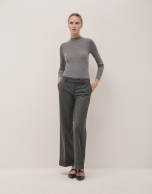 Grey wool and silk rib knitted jumper with turtleneck