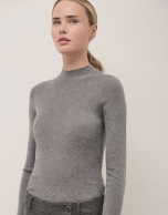 Grey wool and silk rib knitted jumper with turtleneck