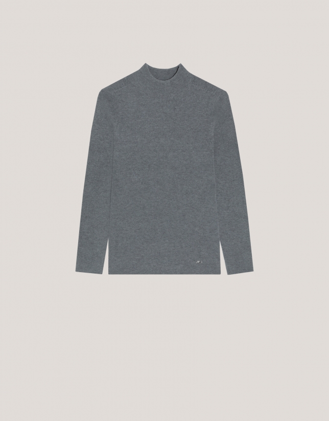 Grey wool and silk rib knitted jumper with turtleneck