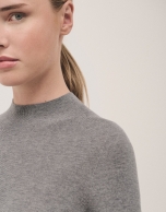 Grey wool and silk rib knitted jumper with turtleneck