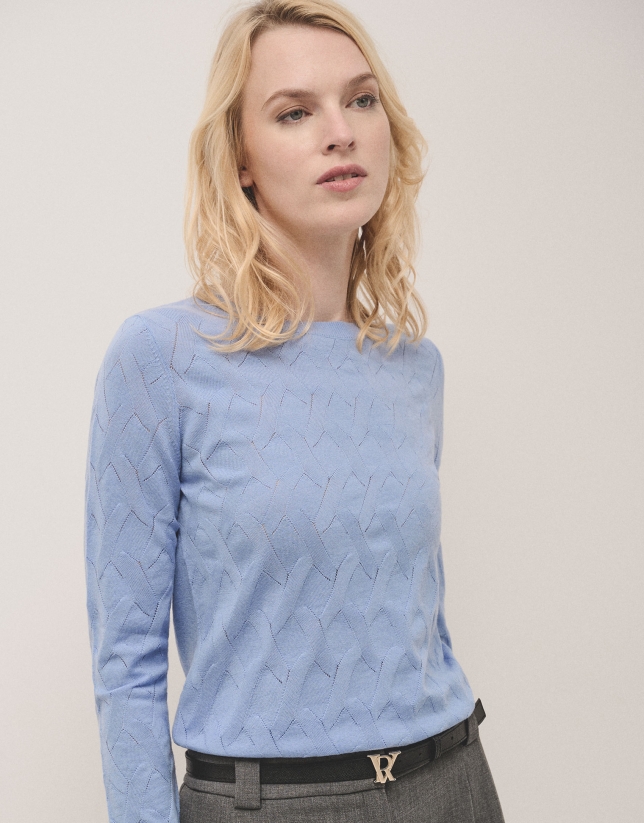 Blue boat neck jumper with crossover knitting