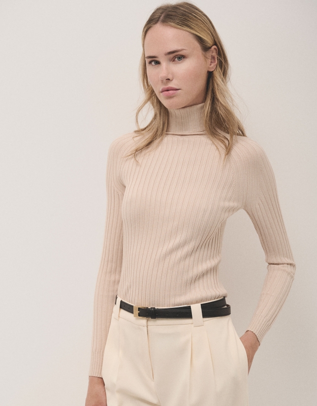 Beige ribbed turtleneck jumper