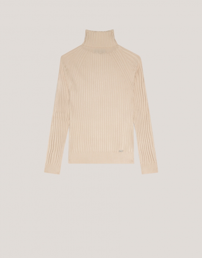 Beige ribbed turtleneck jumper