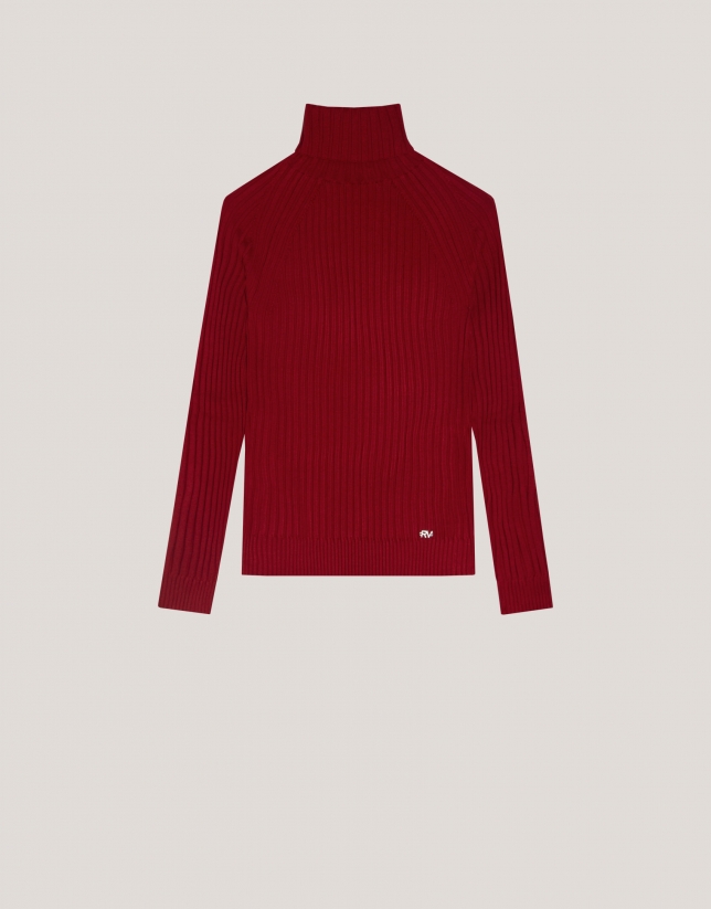 Red ribbed turtleneck jumper