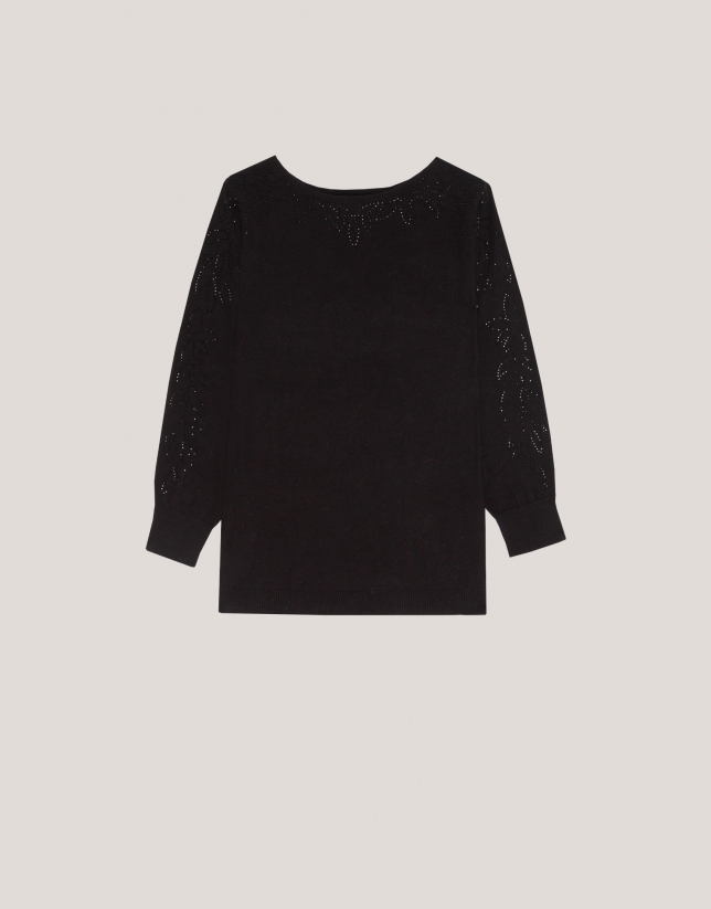 Black knit sweater with strass on shoulders