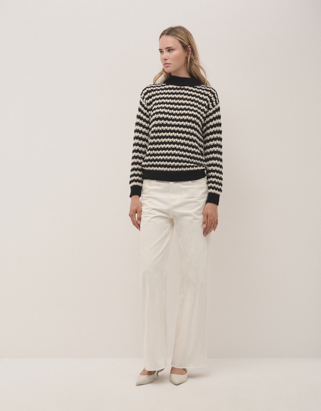 Black and white striped jumper in jacquard knitting