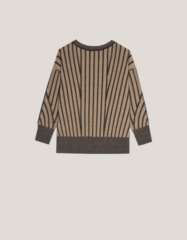 Boat neckline stripe knitted jumper in brown