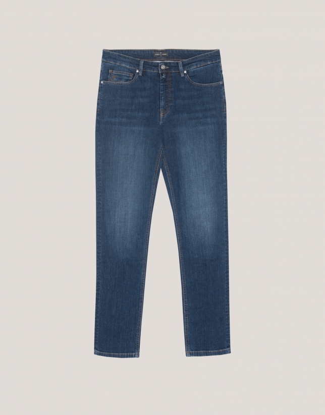 Blue stone-washed denim jeans